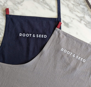 Root & Seed navy and grey apron